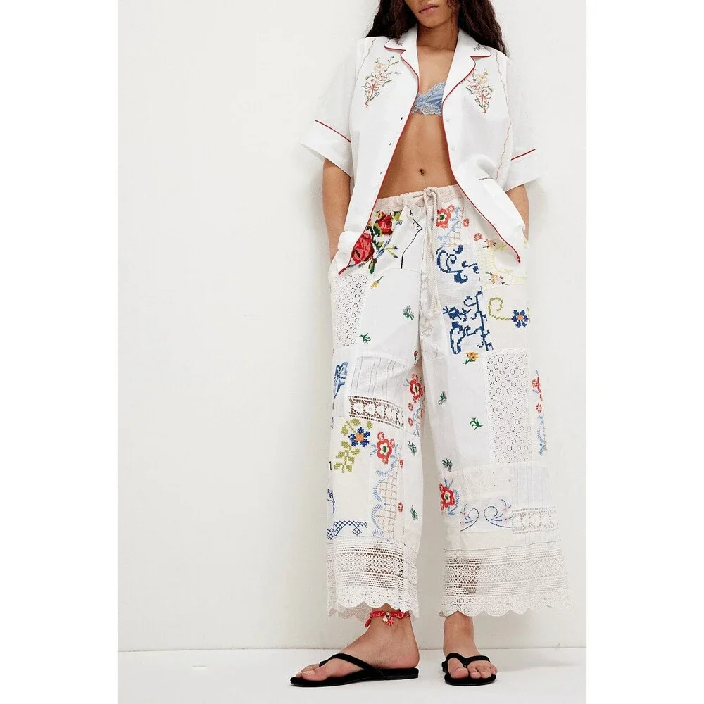 Free People Wallflower Pull-On Pants Embroidered Patchwork  L Imperfection